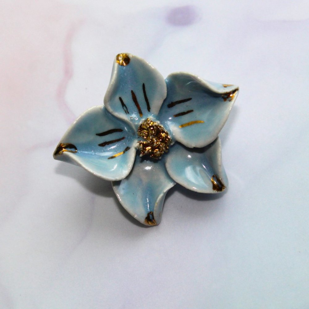 Pastel Blue Golden Trim Porcelain Dogwood Flower Brooch